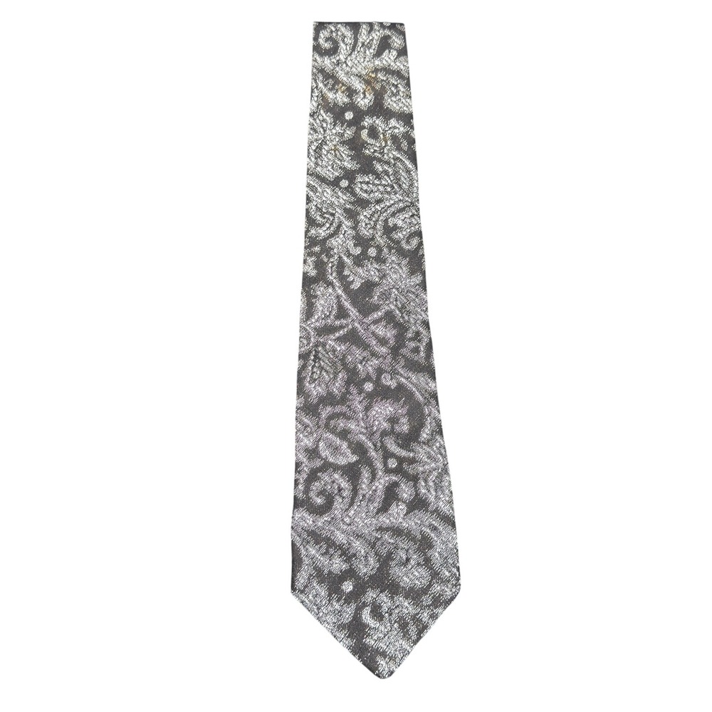 Vitaliano Pancaldi Mens Silk Tie Silver Black Metallic Floral Paisley Luxury